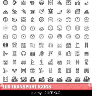 100 transport icons set. Outline illustration of 100 transport icons vector set isolated on white background Stock Vector
