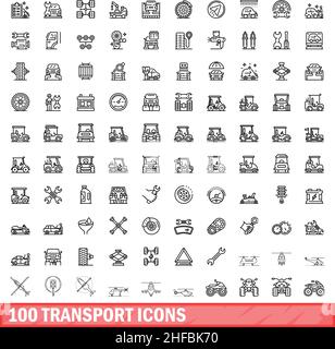 100 transport icons set. Outline illustration of 100 transport icons vector set isolated on white background Stock Vector