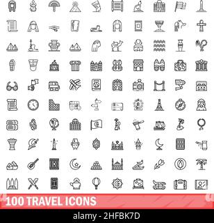 100 travel icons set. Outline illustration of 100 travel icons vector set isolated on white background Stock Vector