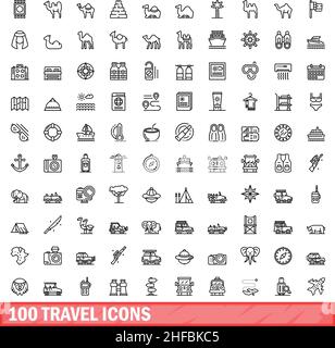 100 travel icons set. Outline illustration of 100 travel icons vector set isolated on white background Stock Vector