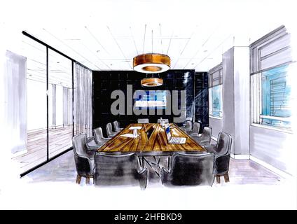 Sketch of an office/workplace furnished in a modern style. Stock Photo