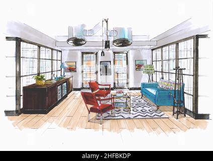 Sketch of an office/workplace furnished in a modern style. Stock Photo