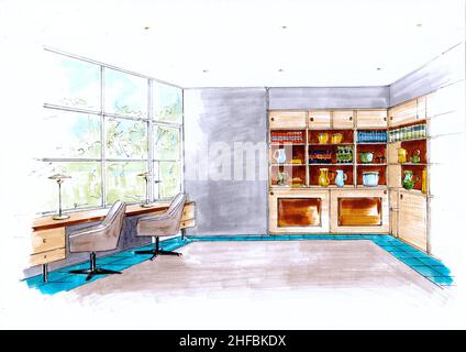 Sketch of an office/workplace furnished in a modern style. Stock Photo