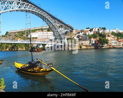 Dalva port wine barrels on a boat in Porto in Portugal Stock Photo