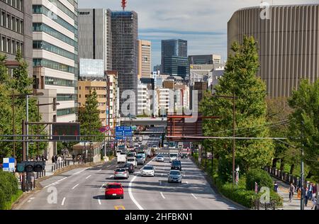 Tokyo, Japan - October 26, 2019:  The view of Yasukuni dori near Yasukuni shrine in the sunny day. Chiyoda. Tokyo. Japan Stock Photo