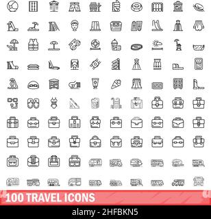 100 travel icons set. Outline illustration of 100 travel icons vector set isolated on white background Stock Vector