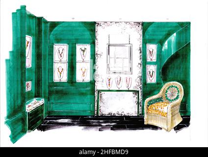 Sketch for the interior of a small jewellery shop. Stock Photo