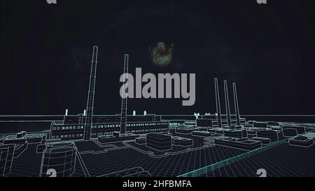 Man cyber figure in hood standing in the dark among green waves and throwing red glowing object. Abstract animation with a man over a factory blueprin Stock Photo
