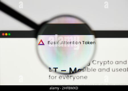 Milan, Italy - January 11, 2022: basic attention token - BAT website's hp.  basic attention token, BAT coin logo visible through a loope. Defi, ntf, c Stock Photo