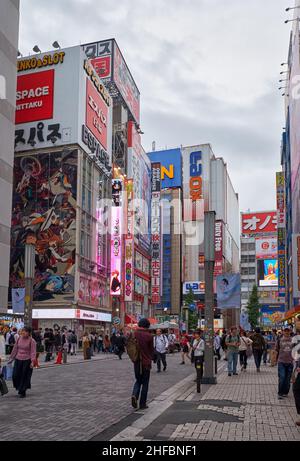 Tokyo, Japan - October 26, 2019: The view of Akihabara buzy street surrounded by the many manga, anime and electronic shops icons. Chiyoda ward. Tokyo Stock Photo