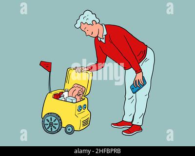 A man and a food delivery robot, like a pet, a drone courier Stock Vector
