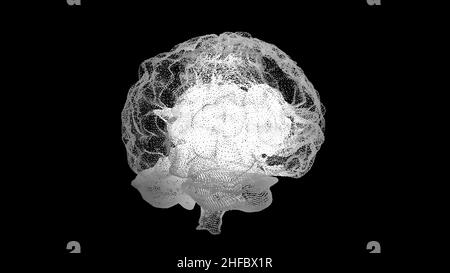 3d render xray style image of human brain rotating. Human brain being formed by revolving particles. Brain connect digital lines, expanding artificial Stock Photo
