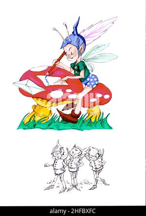 Children's illustration of a fairy writing a letter on a toadstool with three laughing elves below. Stock Photo