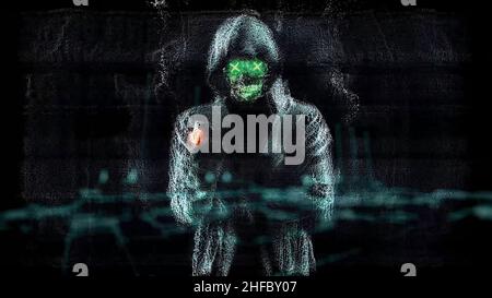 Man cyber figure in hood standing in the dark among green waves and throwing red glowing object. Abstract animation with a man over a factory blueprin Stock Photo