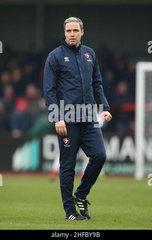 Cheltenham Town manager Michael Duff during the Sky Bet Championship match at the Jonny-Rocks Stadium, Cheltenham. Picture date: Saturday January 15, 2022. Stock Photo