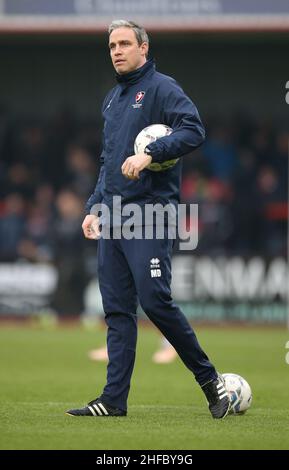 Cheltenham Town manager Michael Duff during the Sky Bet Championship match at the Jonny-Rocks Stadium, Cheltenham. Picture date: Saturday January 15, 2022. Stock Photo