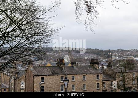 Lancaster, UK - 4th January 2020: Lancaster City centre sky line from a birds eye top view. Small village background with cobbled houses Stock Photo