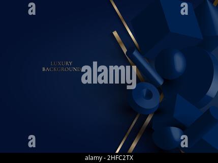 Elegant 3D set blue geometric with golden stripes diagonal lines on dark blue background. Luxury style. Vector graphic illustration Stock Vector