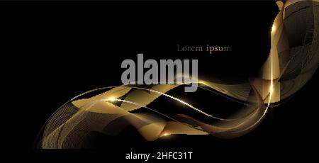 Abstract modern luxury golden wave with lighting effect on black background. Vector graphic illustration Stock Vector