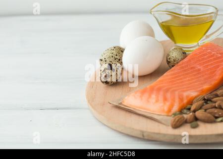 Healthy fats products. Source of Omega 3 and Omega 6. Salmon