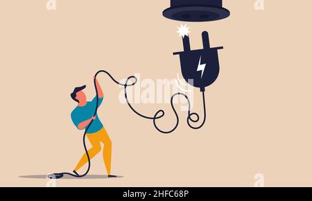 Electrical unplug and power cost connection. Plug with cord cable conservation energy vector illustration concept. Shutdown device pull technology to Stock Vector