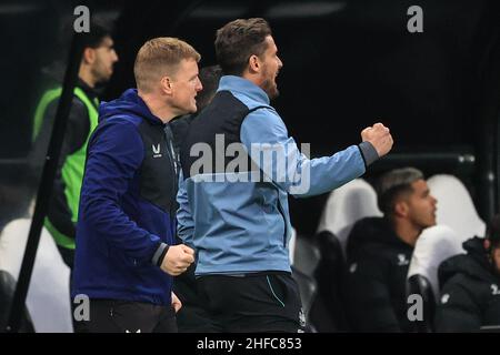 Newcastle, UK. 15th Jan, 2022. Eddie Howe manager of Newcastle United celebrates Allan Saint-Maximin #10 of Newcastle United's goal to make it 1-0 in Newcastle, United Kingdom on 1/15/2022. (Photo by Mark Cosgrove/News Images/Sipa USA) Credit: Sipa USA/Alamy Live News Stock Photo