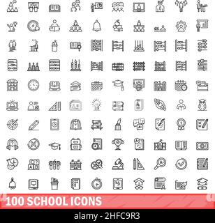 100 school icons set. Outline illustration of 100 school icons vector set isolated on white background Stock Vector