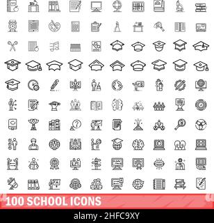 100 school icons set. Outline illustration of 100 school icons vector set isolated on white background Stock Vector