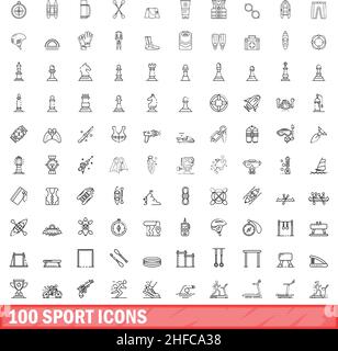 100 sport icons set. Outline illustration of 100 sport icons vector set isolated on white background Stock Vector