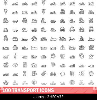 100 transport icons set. Outline illustration of 100 transport icons vector set isolated on white background Stock Vector