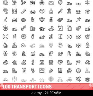 100 transport icons set. Outline illustration of 100 transport icons vector set isolated on white background Stock Vector