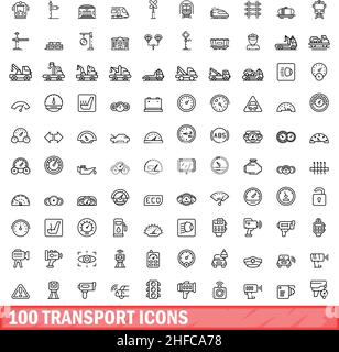 100 transport icons set. Outline illustration of 100 transport icons vector set isolated on white background Stock Vector