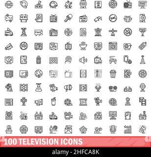 100 television icons set. Outline illustration of 100 television icons vector set isolated on white background Stock Vector