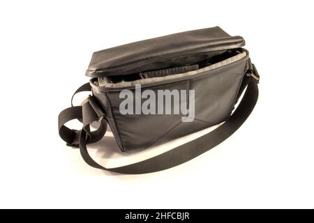 Black bag with belt isolated on white Stock Photo