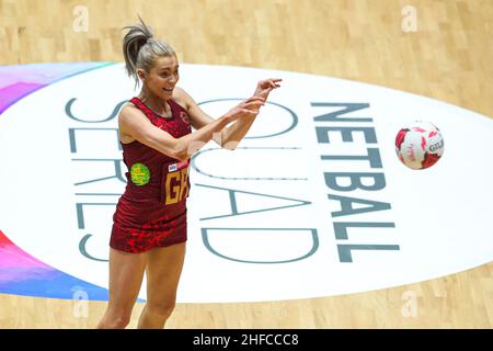 Vitality RosesÕ Helen Housby plays a pass during the Netball Quad Series match at the Copper Box Arena, London. Picture date: Saturday January 15, 2022. Stock Photo