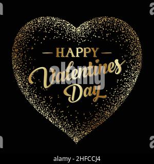 Happy Valentines day vector greeting card. Golden frame, heart and text ...