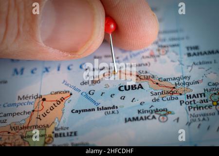 Cuba pin on a world map. Cuba travel destination planning pinned Stock Photo