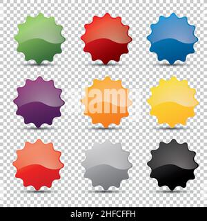 Promo sale badges in different colors or round starburst stickers, for logo isolated design on checked transparent background, copy space for individu Stock Vector