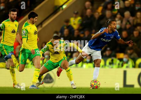 15th January 2022: Carrow Road, Norwich, Norforlk, England; Premier League football, Norwich versus Everton; Max Aaron of Norwich City fouls Dominic Calvert-Lewin of Everton Stock Photo