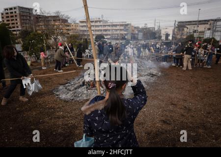 Girl looks at a bonfire during Dondo-Yaki in Aobadai.Dondo-Yaki is a traditional event usually held in mid-January and is considered the end of New Year celebrations in Japan. During this event Shimekazari (lucky charms) which were used to attract the Gods to people's homes are burned in a Shinto ceremony called Oharai. It is performed to keep bad luck away from people. After the fire stops soaring, Dango (mochi rice cake) or sweet potatoes are roasted above the bonfire. The origin of Dondo-Yaki can be traced back to the Heian period when nobles burnt bamboo in their palaces after the New Year Stock Photo