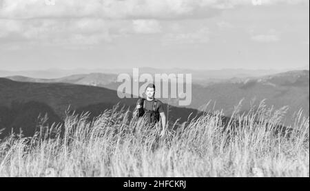 State border guard service. Man with weapon military clothes in field nature background. Army forces. Protecting borders of motherland. Stop illegal Stock Photo