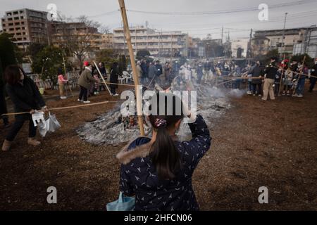 Girl looks at a bonfire during Dondo-Yaki in Aobadai.Dondo-Yaki is a traditional event usually held in mid-January and is considered the end of New Year celebrations in Japan. During this event Shimekazari (lucky charms) which were used to attract the Gods to people's homes are burned in a Shinto ceremony called Oharai. It is performed to keep bad luck away from people. After the fire stops soaring, Dango (mochi rice cake) or sweet potatoes are roasted above the bonfire. The origin of Dondo-Yaki can be traced back to the Heian period when nobles burnt bamboo in their palaces after the New Year Stock Photo