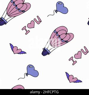 Doodle seamless pattern for Valentine s day. Vector colorful illustration for the holiday on February 14. Hand draw set for romance, wedding, date Stock Vector
