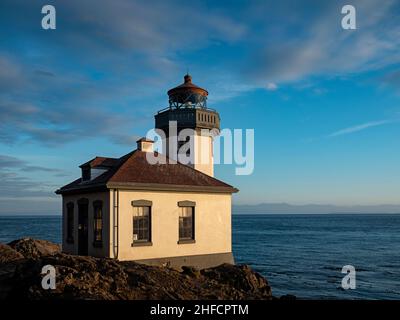 WA21120-00...WASHINGTON - Lime Kiln Lighthouse located on the shores of Haro Strait and is one of the most popular whale watching areas of San Juan Is Stock Photo