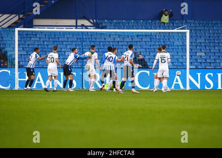 Hillsborough, Sheffield, England -15th January 2022 Sylla Sow (40) of Sheffield Wednesday scores to make it 1 - 0 during the game Sheffield Wednesday v Plymouth Argyle, Sky Bet League One, 2021/22, Hillsborough, Sheffield, England - 15th January 2022  Credit: Arthur Haigh/WhiteRosePhotos/Alamy Live News Stock Photo