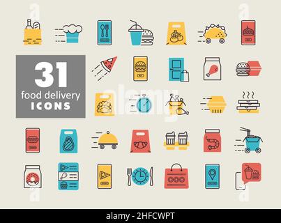 Fast food delivery vector flat icons set. Graph symbol for cooking web site and apps design, logo, app, UI Stock Vector