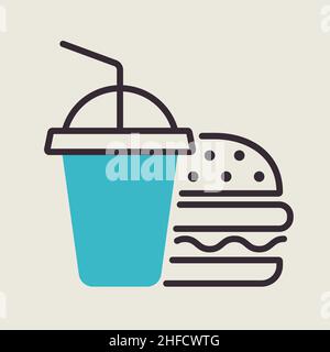 Burger with soft drink vector flat icon. Delivery sign. Graph symbol for cooking web site and apps design, logo, app, UI Stock Vector
