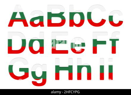 Letters with Bulgarian flag. A, B, C, D, E, F, G, H, I uppercase and lowercase letters. 3D rendering isolated on white background Stock Photo