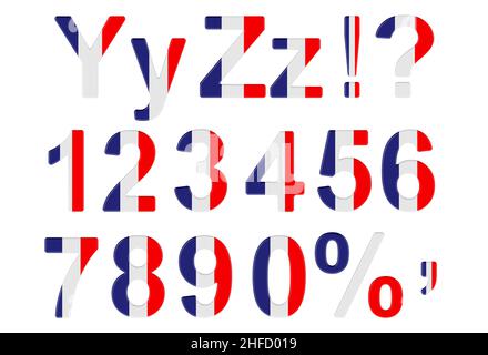 Letters, numbers and punctuation marks with French flag. Y, Z, 1, 2, 3, 4, 5, 6, 7, 8, 9, 0. 3D rendering isolated on white background Stock Photo