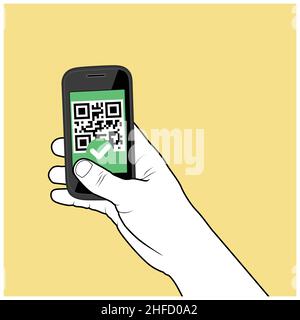 Vaccination passport displayed on smartphone in hand, COVID-19 certificate QR code, vector Stock Vector